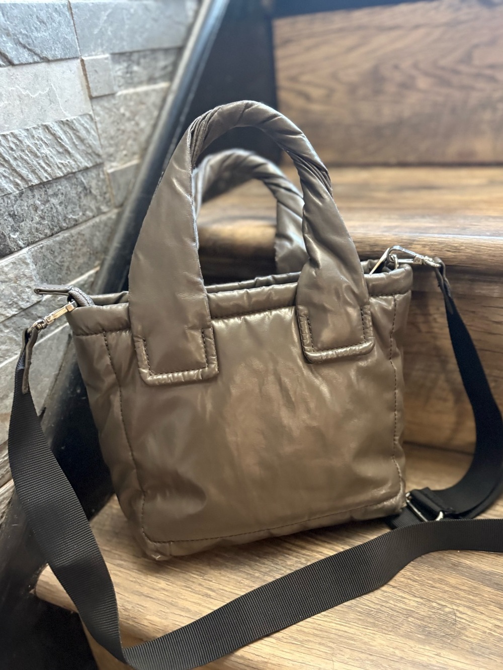 Zara Quilted Crossbody Tote in Taupe Brown